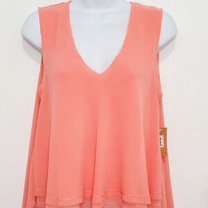 RACHEL Rachel Roy Split Back, Layered Chiffon Tank- Frayed Hem- Light Coral-SM